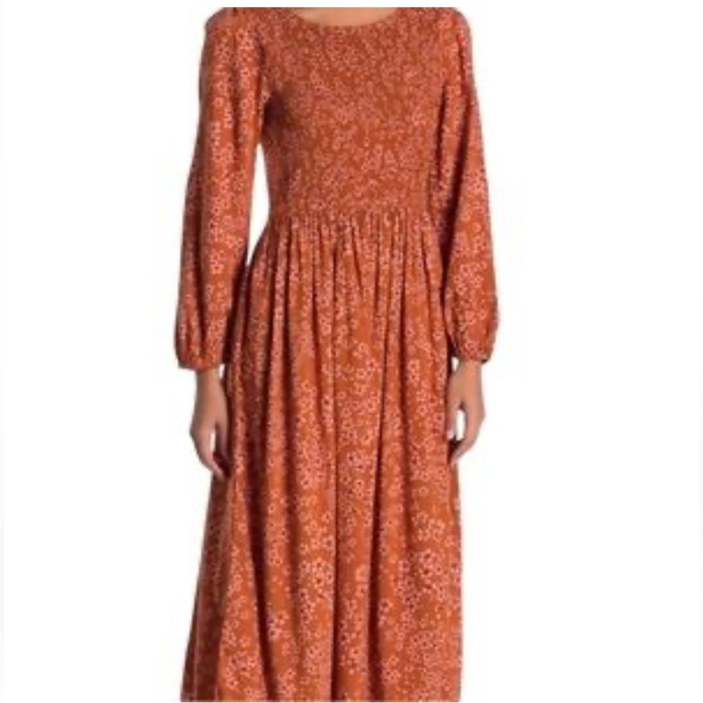 NWT Susina Rust Floral Smocked Long-Midi Dress Boho Bohemian Minimalist M